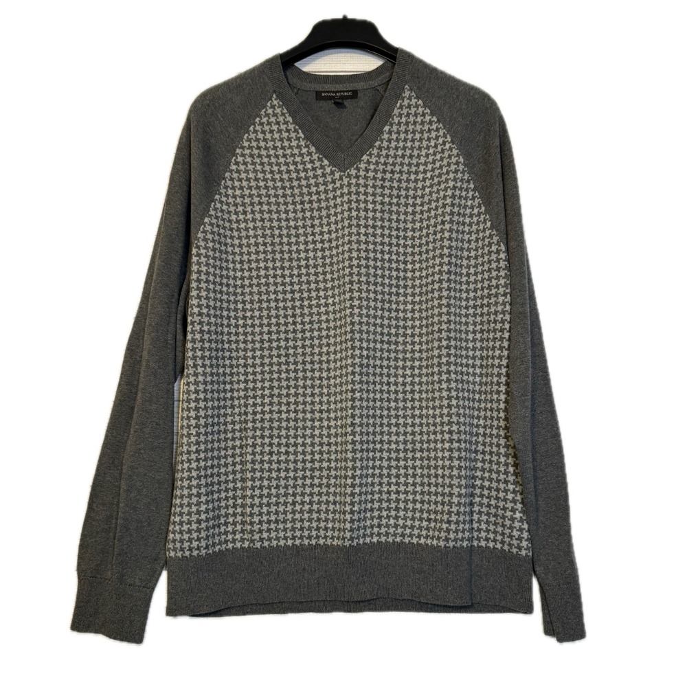 Banana Republic Sweater Men's XL Gray Houndstooth Cotton V-Neck Raglan